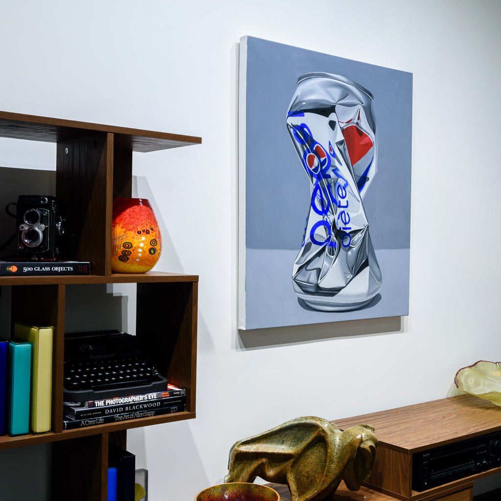 Oil painting of a crushed Diet Pepsi can with reflective silver folds and distorted red, white, and blue lettering on a grey background.