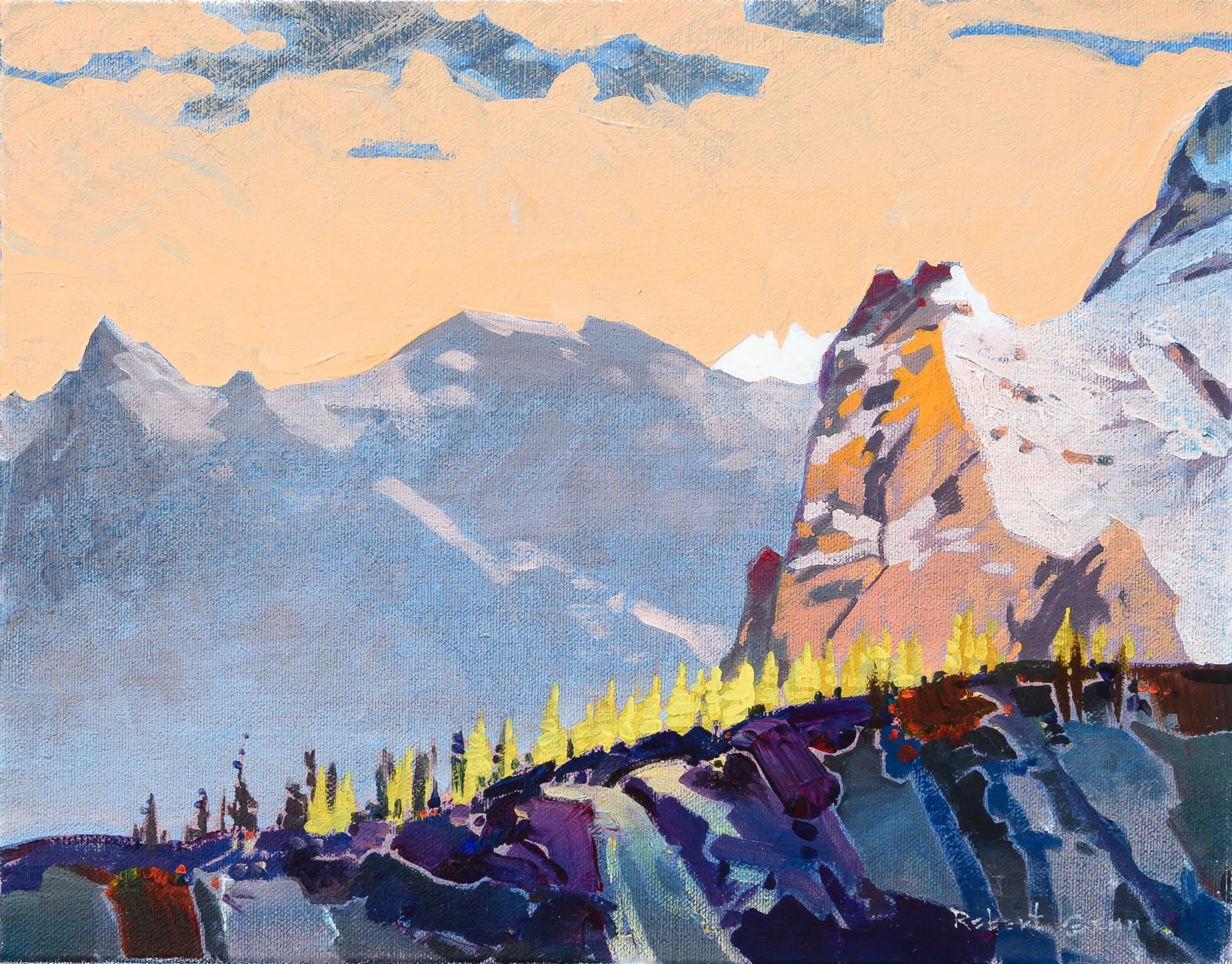 Gunsight Peaks from Lake O'Hara (2012) | 11" x 14" Acrylic on Canvas Robert Genn