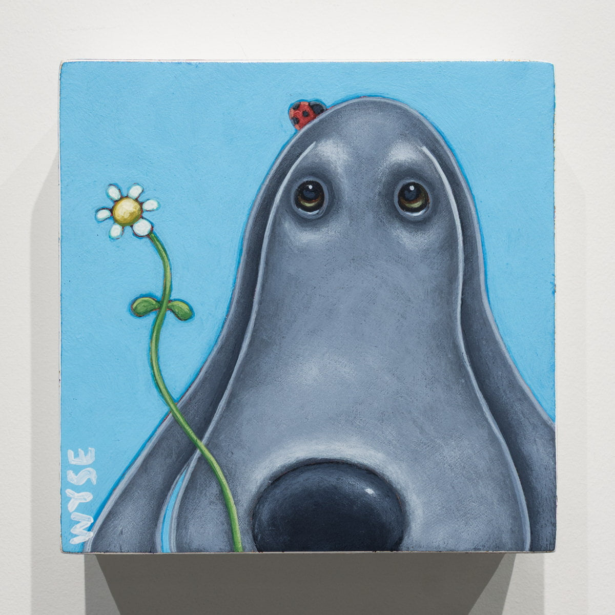 Acrylic by Peter Wyse showing a grey long-eared dog, daisy, and ladybug on a blue ground.