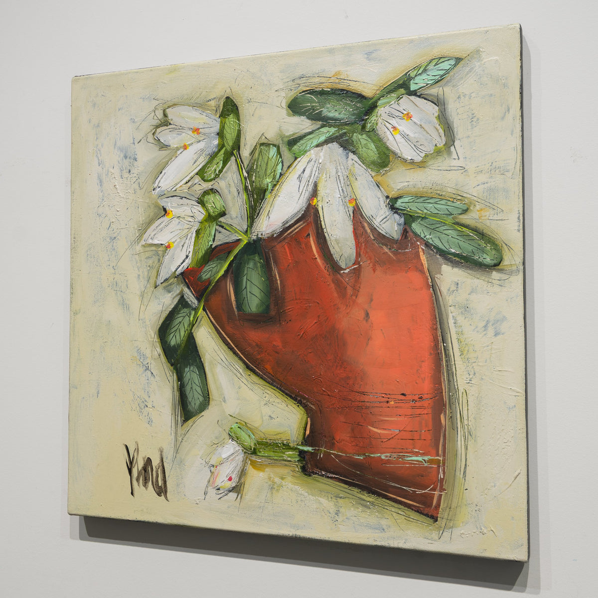 Angled gallery view of Joyeux by Josée Lord, showing the ¾-inch gallery-stretched canvas and finished black edge.