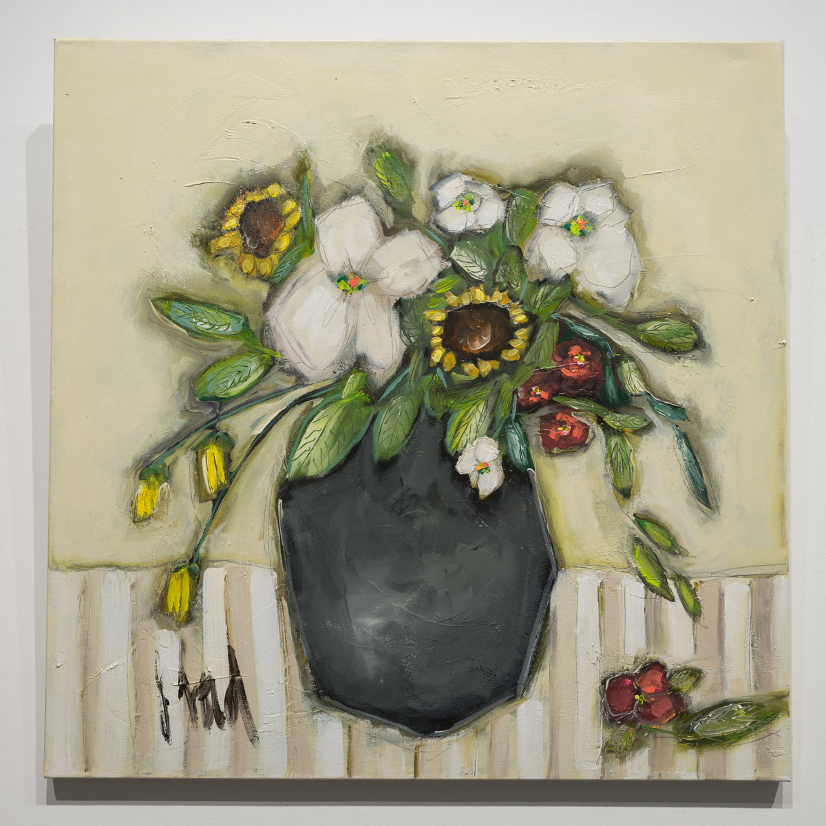 Fleurs de Campagne by Josée Lord, 30 × 30 inch acrylic on canvas, with white, yellow and red flowers spilling from a charcoal vessel.
