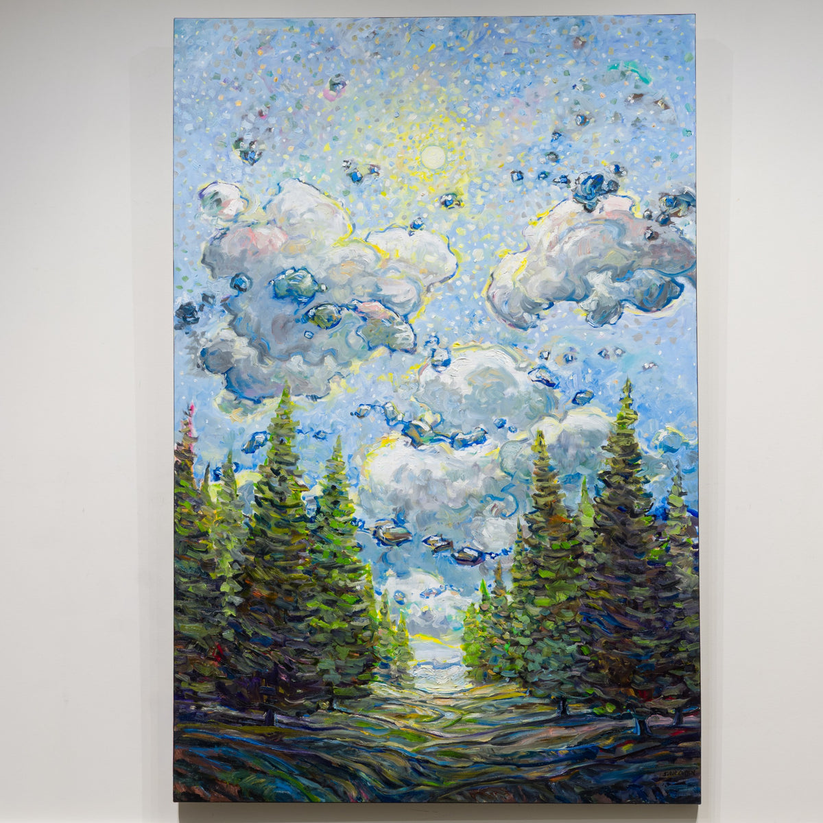 Hill Forest by Steve R. Coffey, 72 × 48 inch oil on canvas, with conifers bordering a central opening beneath pale clouds.