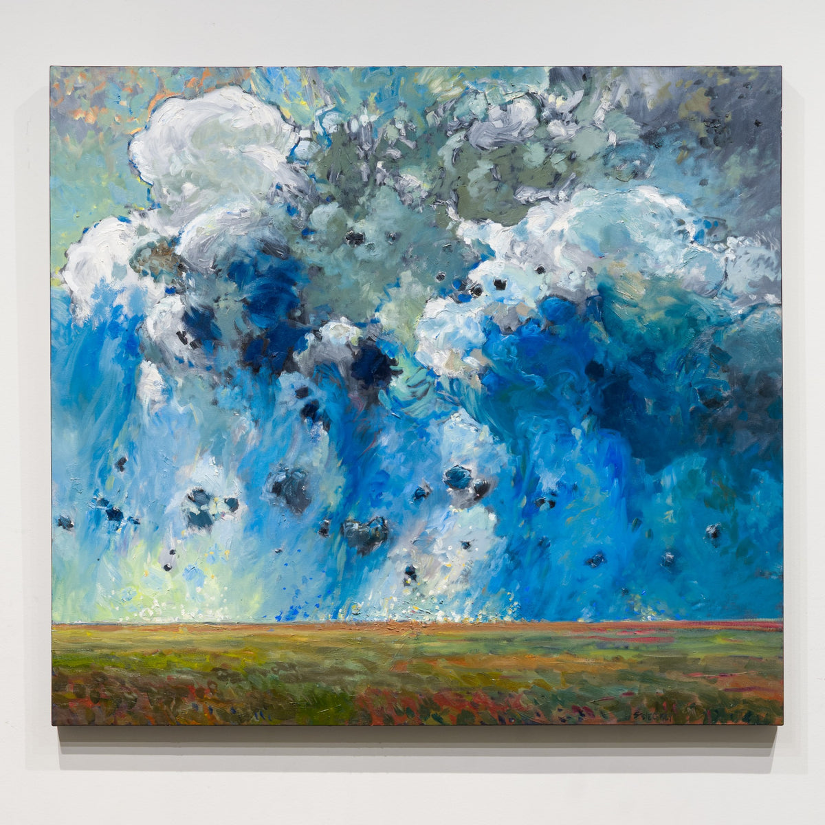Rain Drift by Steve R. Coffey, 36 × 40 inch oil on canvas, with blue rain streaks and pale storm clouds above a low field.
