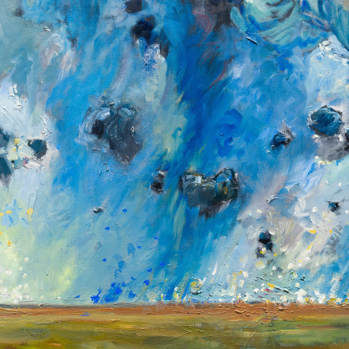 Detail of Rain Drift by Steve R. Coffey showing raised cloud strokes and blue rain marks.