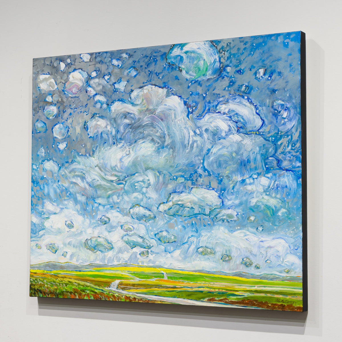 Angled view of The Fields by Steve R. Coffey showing the painting's surface and right canvas edge.