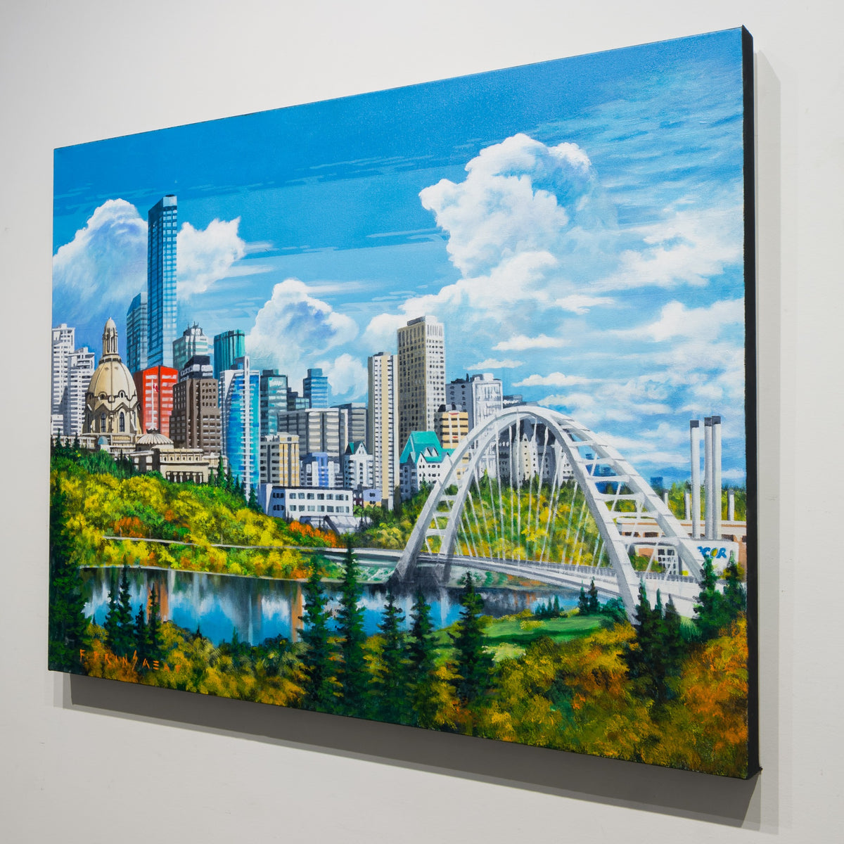 Angled gallery view of Fraser Brinsmead’s Walterdale from the South Bank showing the 1½-inch deep canvas and finished black edge.