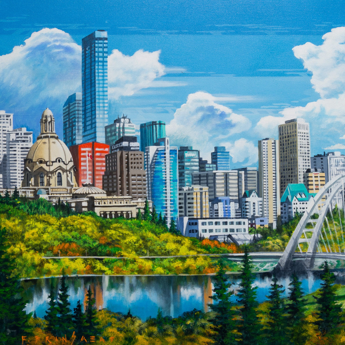Detail of Walterdale from the South Bank showing downtown towers, a domed historic building, Walterdale Bridge and reflective river water.