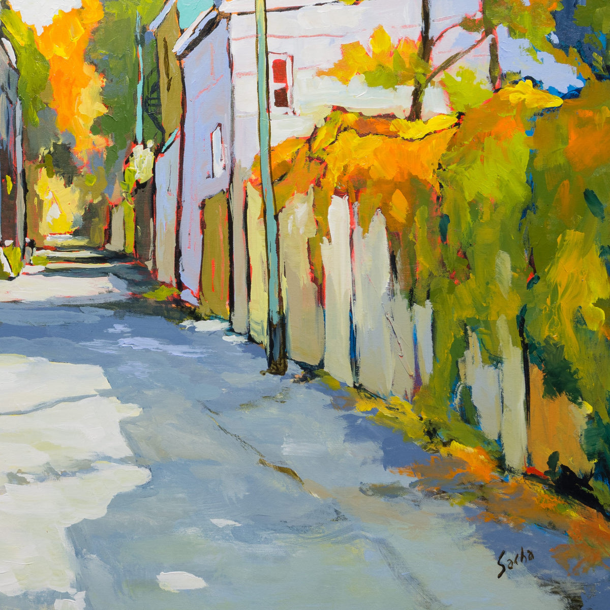 Detail of Ruelle Clôture Végétale showing the blue-grey lane, pale fence posts and dense passages of orange, yellow and green vegetation.