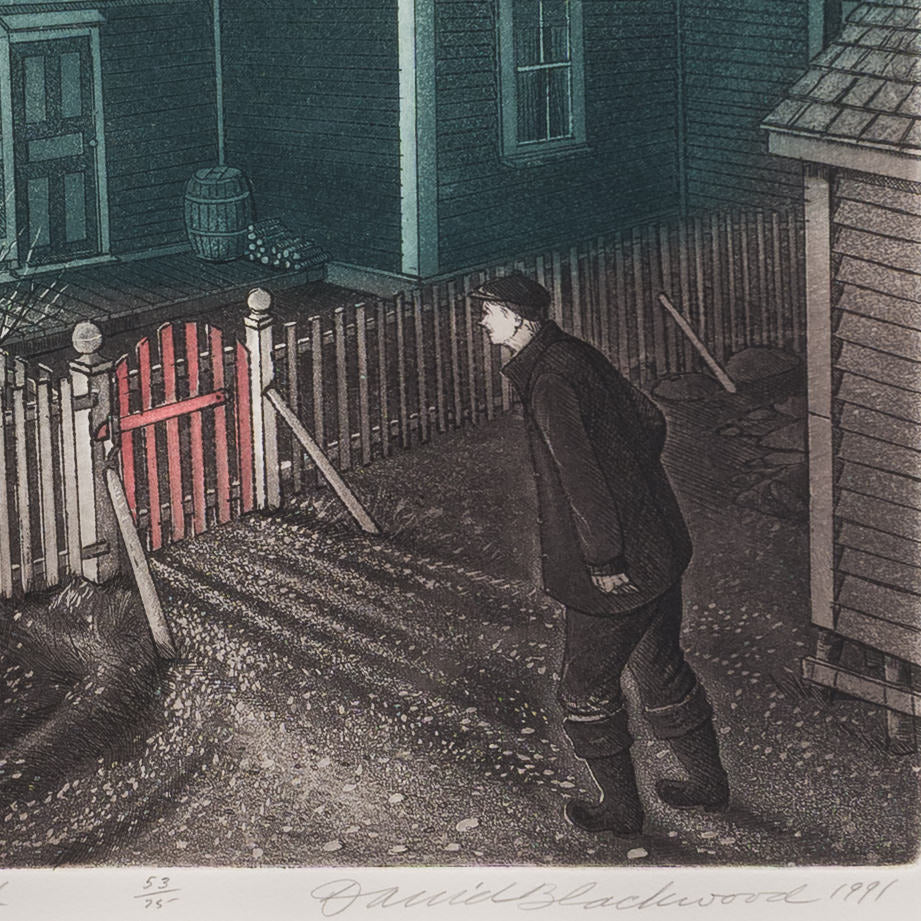 Detail of David Blackwood’s etching showing the walking figure, pink gate, and the pencilled edition 53/75, signature and date 1991.