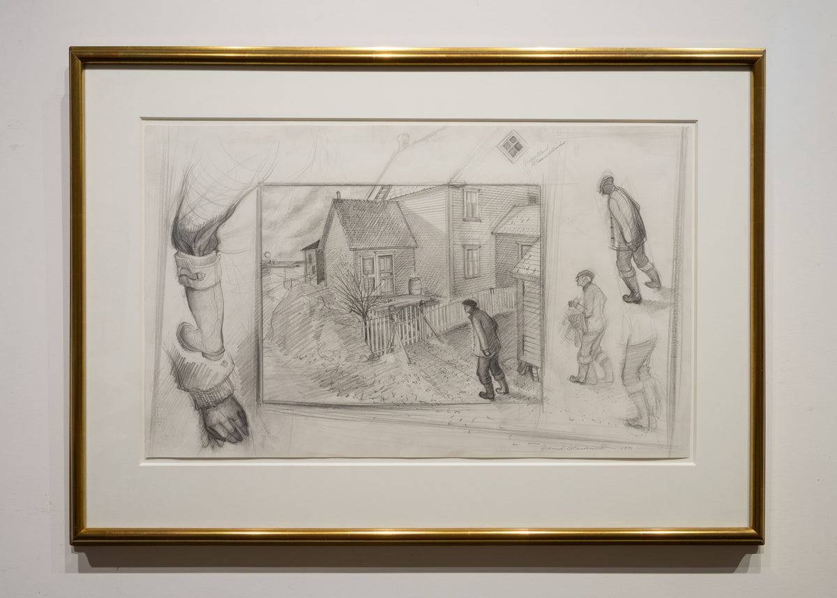 Framed graphite study for Granda Glover on Bragg’s Island by David Blackwood, with the house and walking figure at centre and enlarged clothing and figure studies around it.
