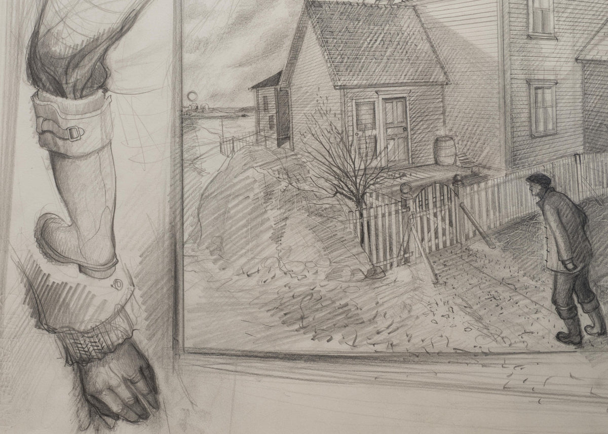 Left detail of David Blackwood’s graphite study showing an enlarged boot and gloved hand beside the central house, fence and walking figure.