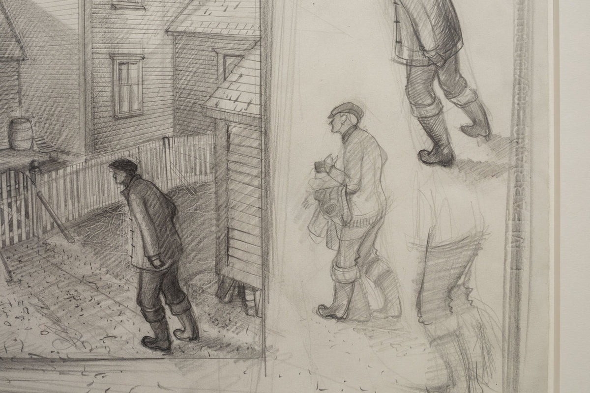 Right detail of David Blackwood’s graphite study showing alternate walking figures and close studies of a boot beside the central composition.