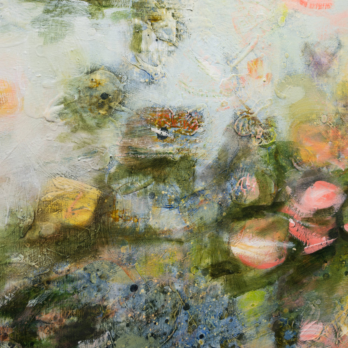 Detail of Ilinca Ghibu's Le Chant de l etang showing layered blue-grey, green, pink and yellow brushwork and textured floral forms.