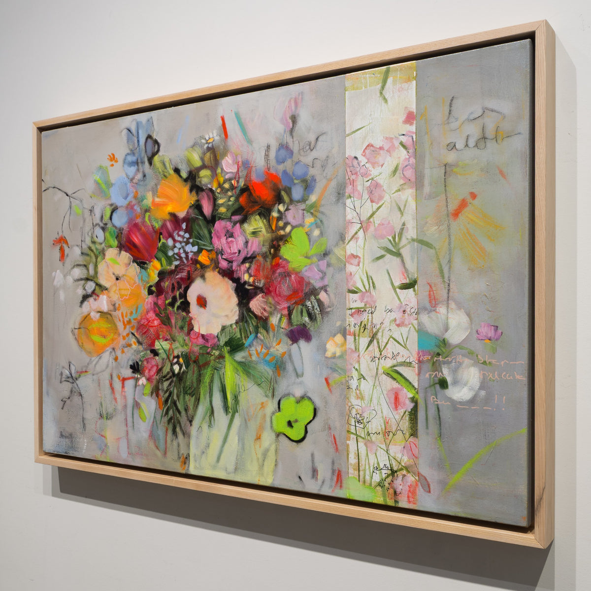 Angled view of Ilinca Ghibu's Multiples Chemins showing the artist frame and 1.5 inch gallery-stretched canvas.