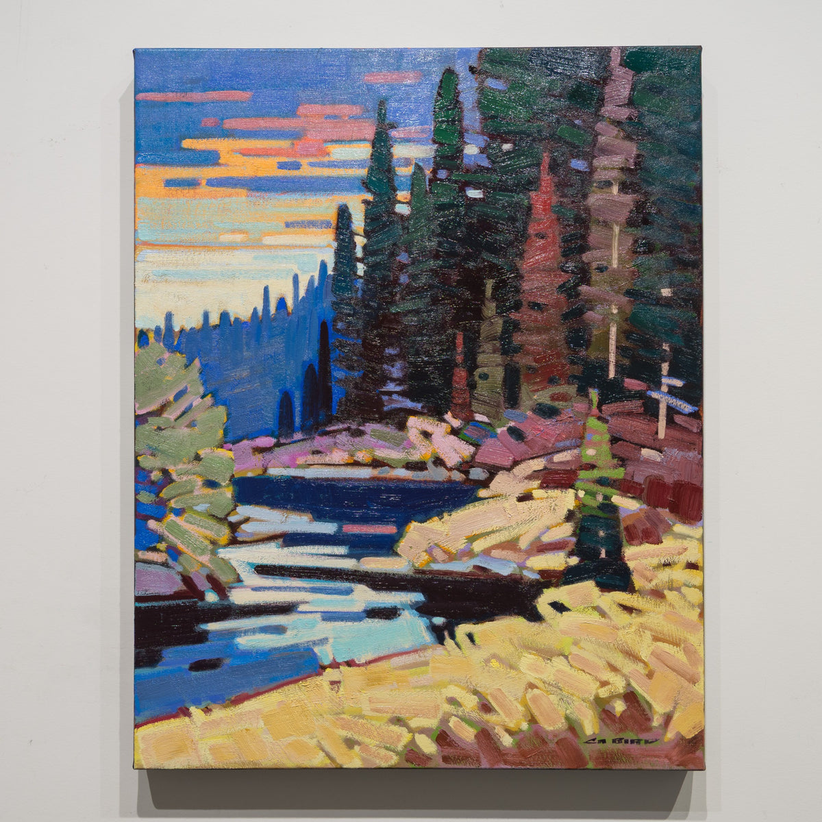 Klinaklini River Morning by Cameron Bird, 28 × 22 inch oil on canvas showing a winding blue river, golden foreground and dark evergreens.