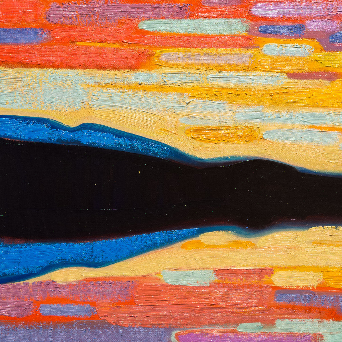 Detail of Cameron Bird's Chilcotin Summer showing layered orange, yellow, mint and violet brushwork around the dark central band.