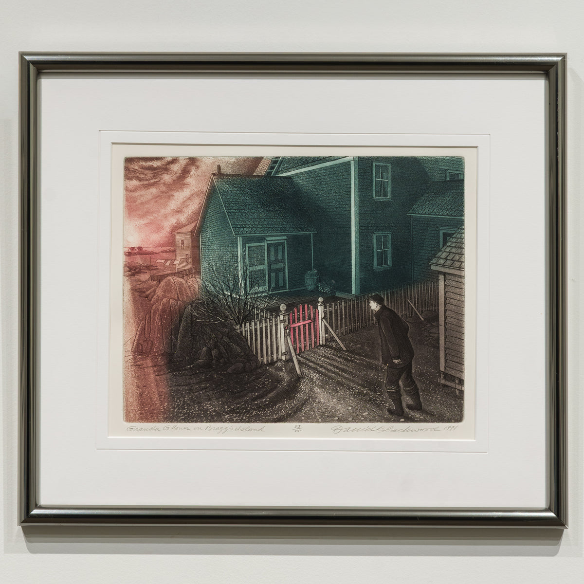 Included framed etching of Granda Glover on Bragg’s Island by David Blackwood, showing a man beside a pink gate and teal house beneath a rose-coloured sky.