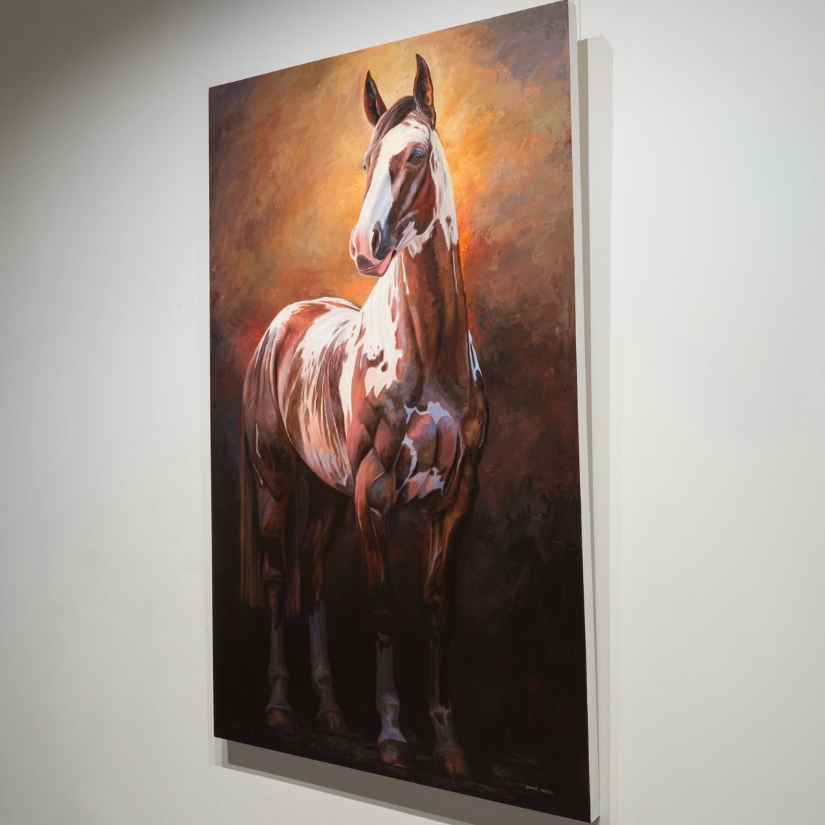 Angled gallery view of Glamorous Paint by James Wiens, showing the tall unframed painting and its 1½-inch deep finished white edge.