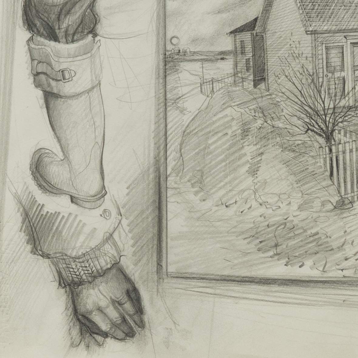 Left detail of David Blackwood’s graphite study for Granda Glover on Bragg’s Island, showing an enlarged buckled boot and a bare hand below a patterned cuff.