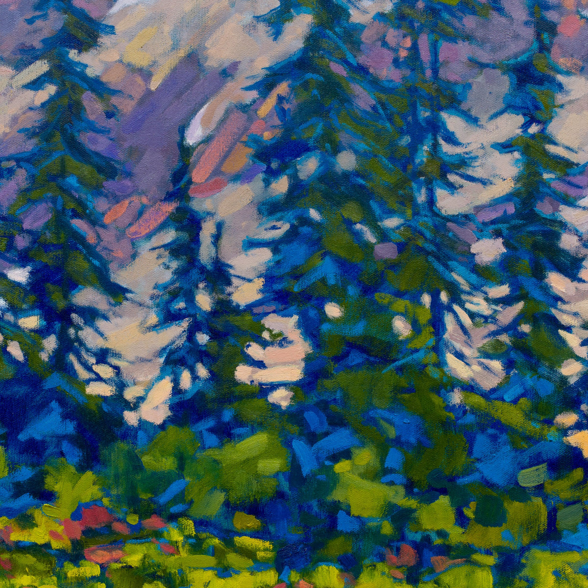 Detail of Paul Paquette’s Alpine Meadows showing blue-green conifers and layered brushwork against pale mountain slopes.