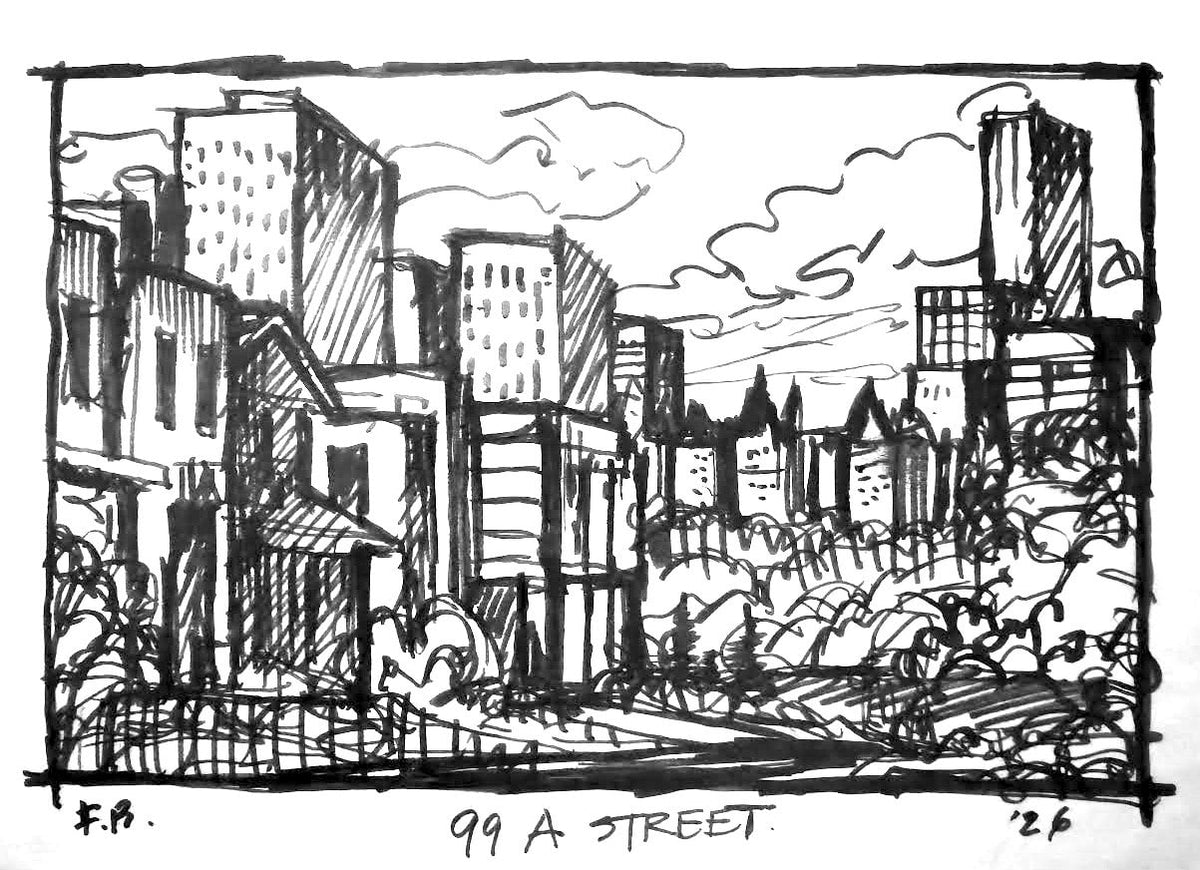 Preparatory sketch for Lady on the Hill by Fraser Brinsmead, showing the original 2026 composition study for the finished Edmonton streetscape.