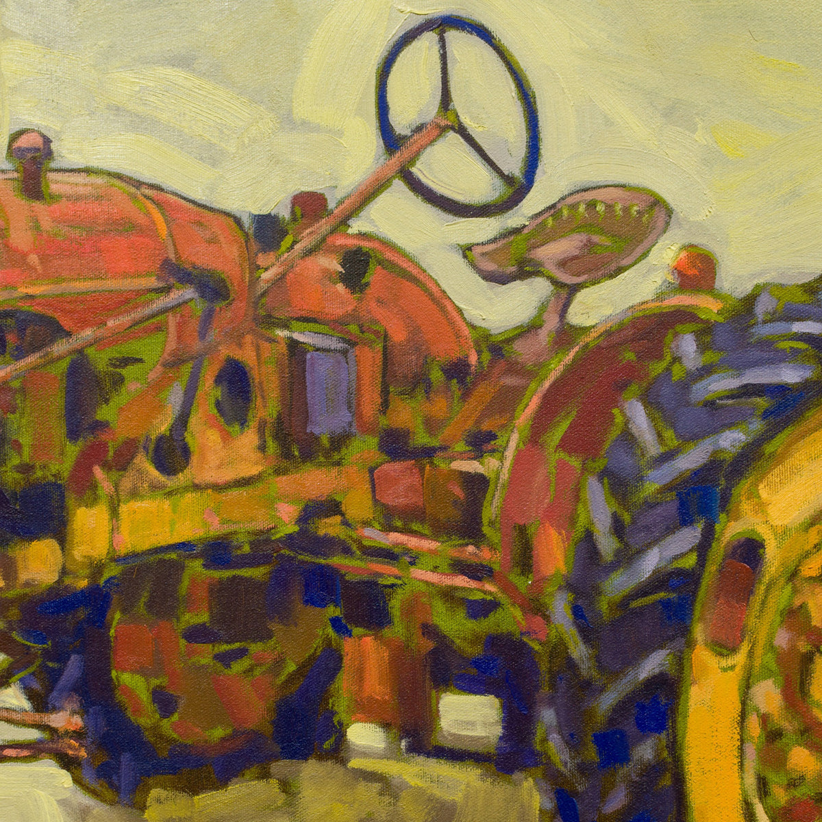 Detail of Paul Paquette’s The Old Red Tractor showing the steering wheel, seat, red-orange bodywork and blue-violet rear tyre.