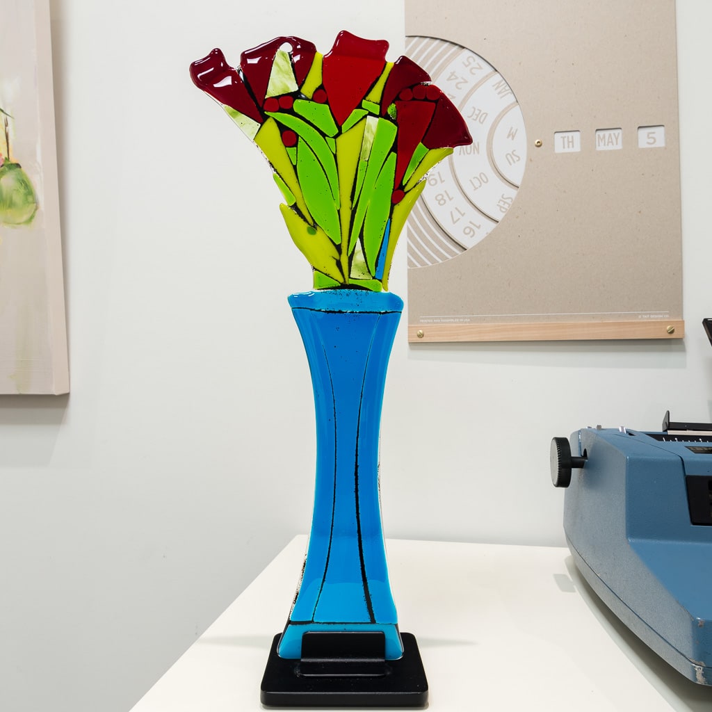Red Tulips Bouquet | 20&quot; x 8&quot; Hand fused glass with metal stand Tammy Hudgeon