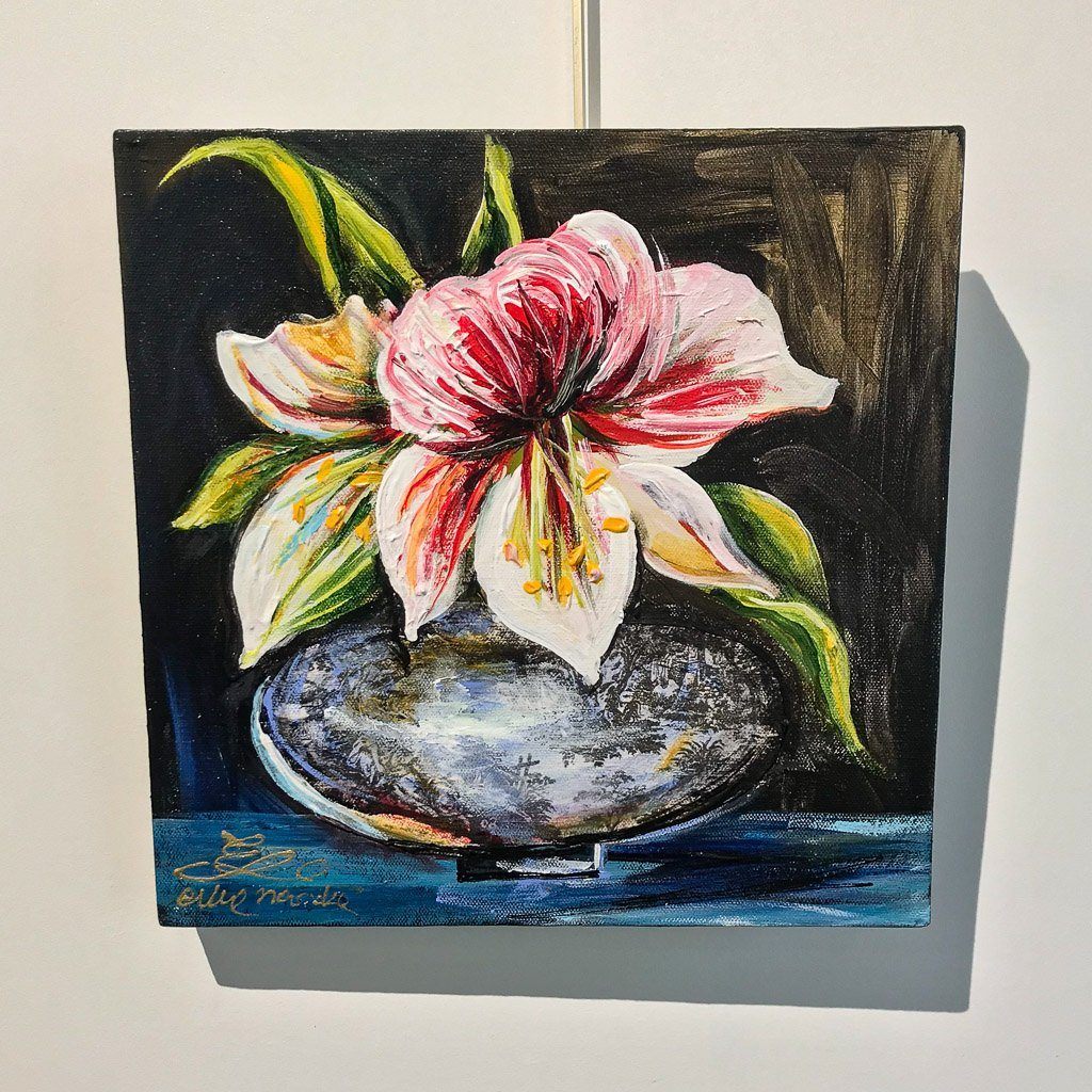 Butterfly Amaryllis in Vintage Vase | 12" x 12" Mixed Media on canvas Elka Nowicka