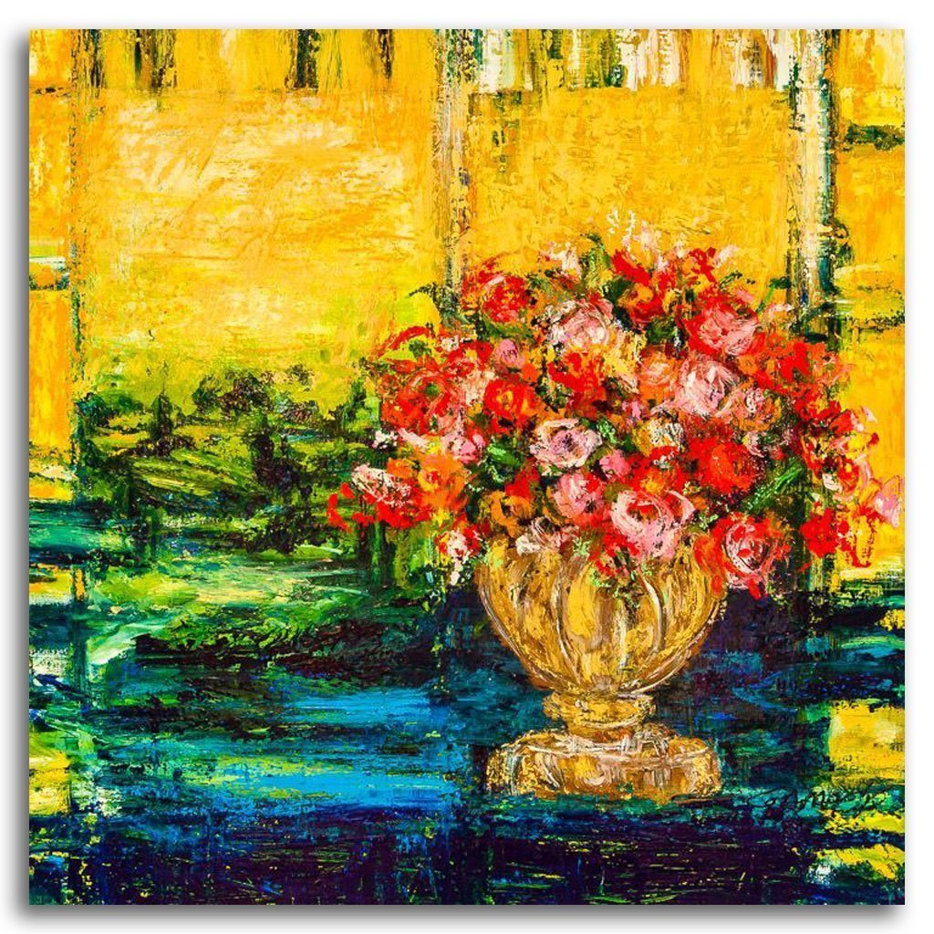 Flowers with Landscape | 18" x 18" mixed media on panel Élène Gamache