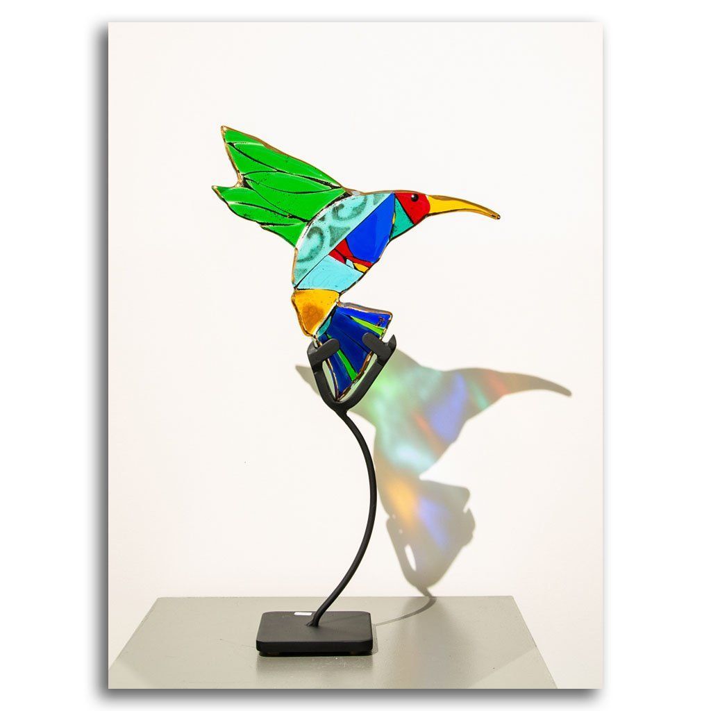 Hummingbirds - Emerald | 19" x 10" Hand fused glass with metal stand Tammy Hudgeon