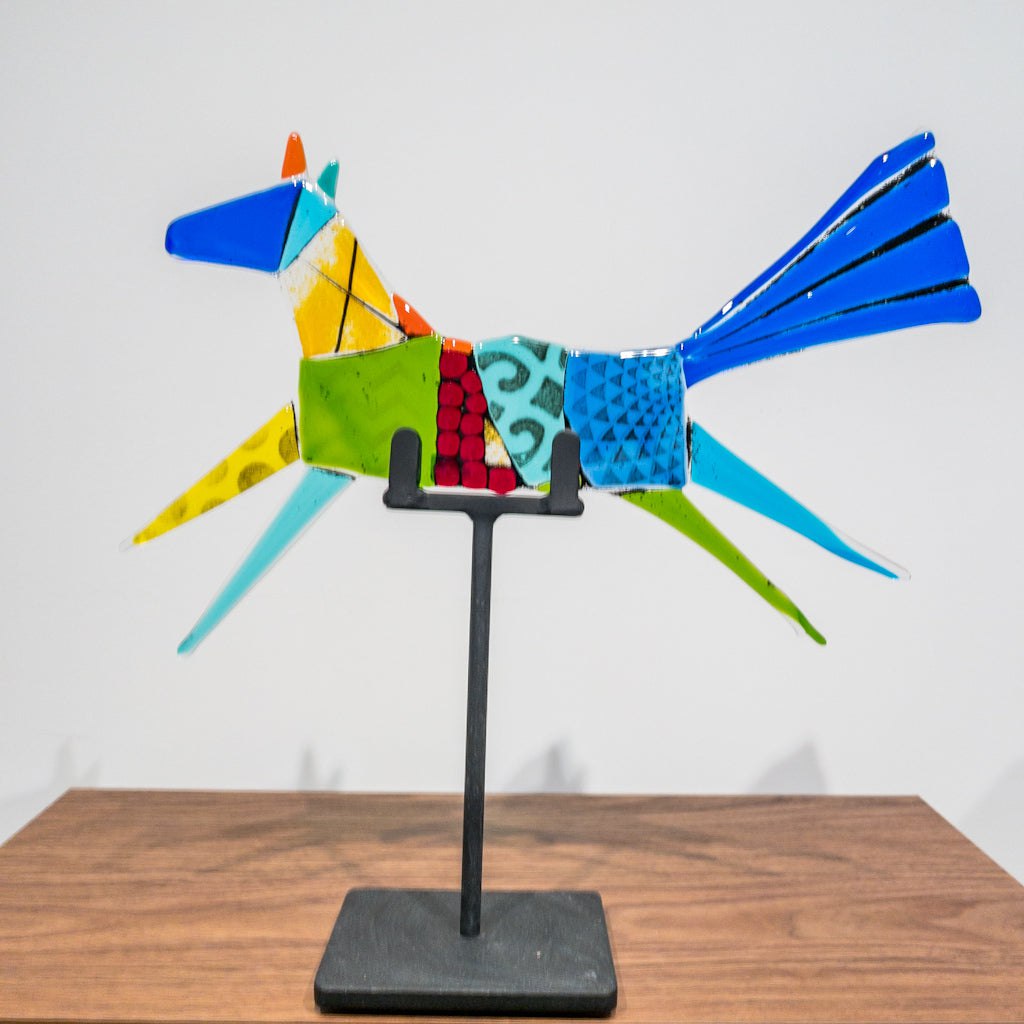 Marjory Flying Horse | 16" x 15" Hand fused glass with metal stand Tammy Hudgeon