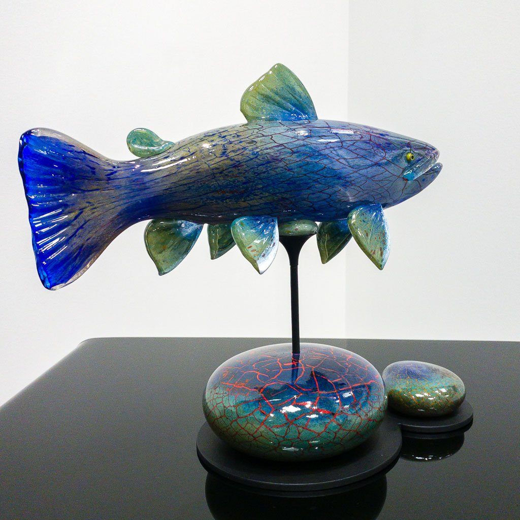 Trout with Stone Base Sculpture | 12.5" x 15" x 7" Blown Glass with Forged Metal Darren Petersen