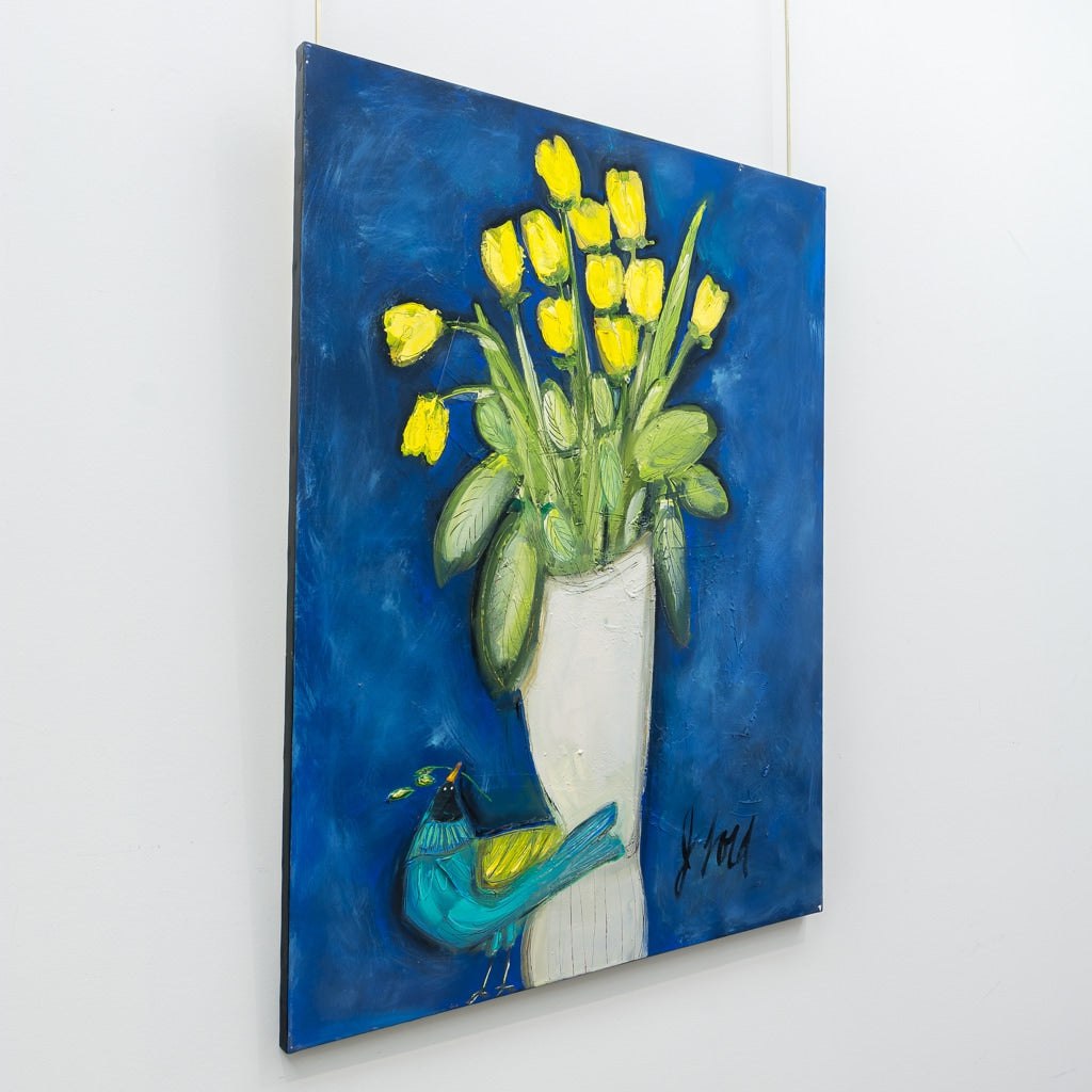 Bleu Bird & Tulips | 40" x 30" Acrylic on Canvas Josée Lord