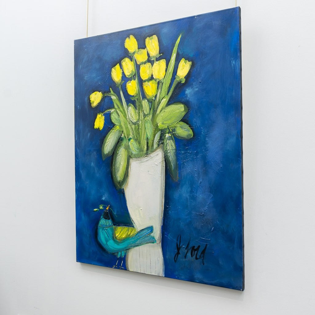 Josée Lord Bleu Bird & Tulips | 40" x 30" Acrylic on Canvas