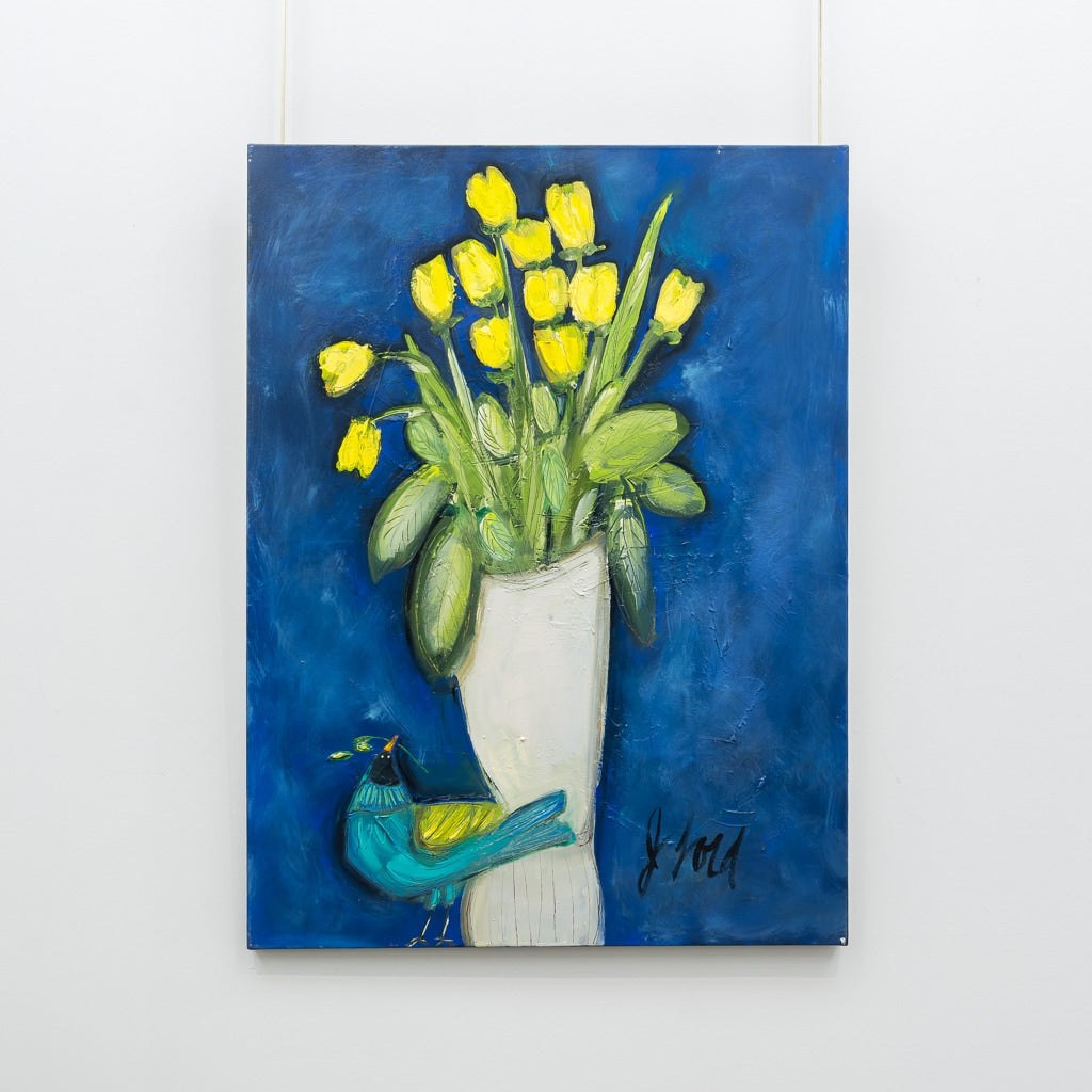 Bleu Bird & Tulips | 40" x 30" Acrylic on Canvas Josée Lord