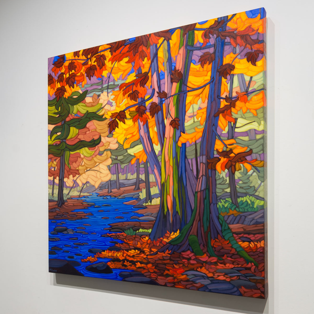 Angled gallery view of Mary Ann Laing’s Resilience showing the 1½ inch deep gallery-wrap canvas with the painted image continuing around the stretcher edge.