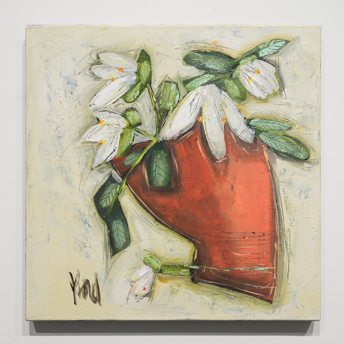 Joyeux by Josée Lord, 20 × 20 inch acrylic on canvas, with white flowers and green leaves surrounding a rust-red vessel on a pale cream ground.