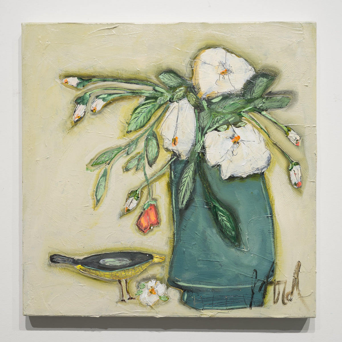 Bonheur du jour by Josée Lord, 20 × 20 inch acrylic on canvas, with white flowers and green leaves arranged in a blue-green vase on a cream ground.