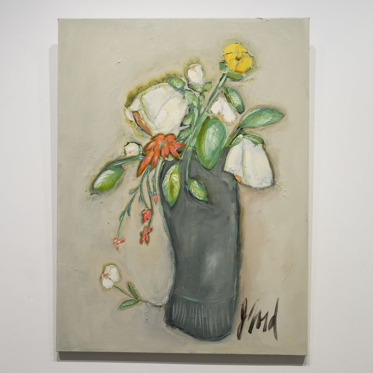 Sweetheart Series by Josée Lord, 40 × 30 inch acrylic on canvas, with white blossoms, green foliage and red-orange accents arranged in a tall dark vessel.