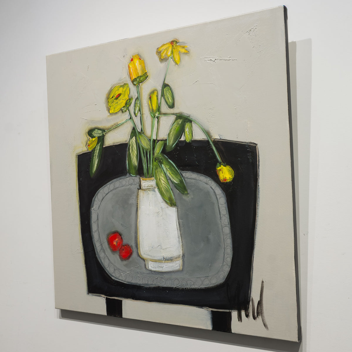 Angled gallery view of Deep Fruits by Josée Lord, showing the ¾-inch gallery-stretched canvas and finished black edge.