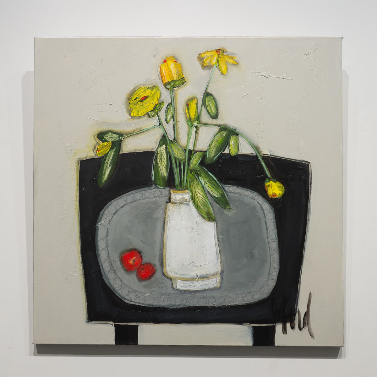 Deep Fruits by Josée Lord, 30 × 30 inch acrylic on canvas, with yellow flowers in a white vase and two red fruit forms on a grey tabletop.