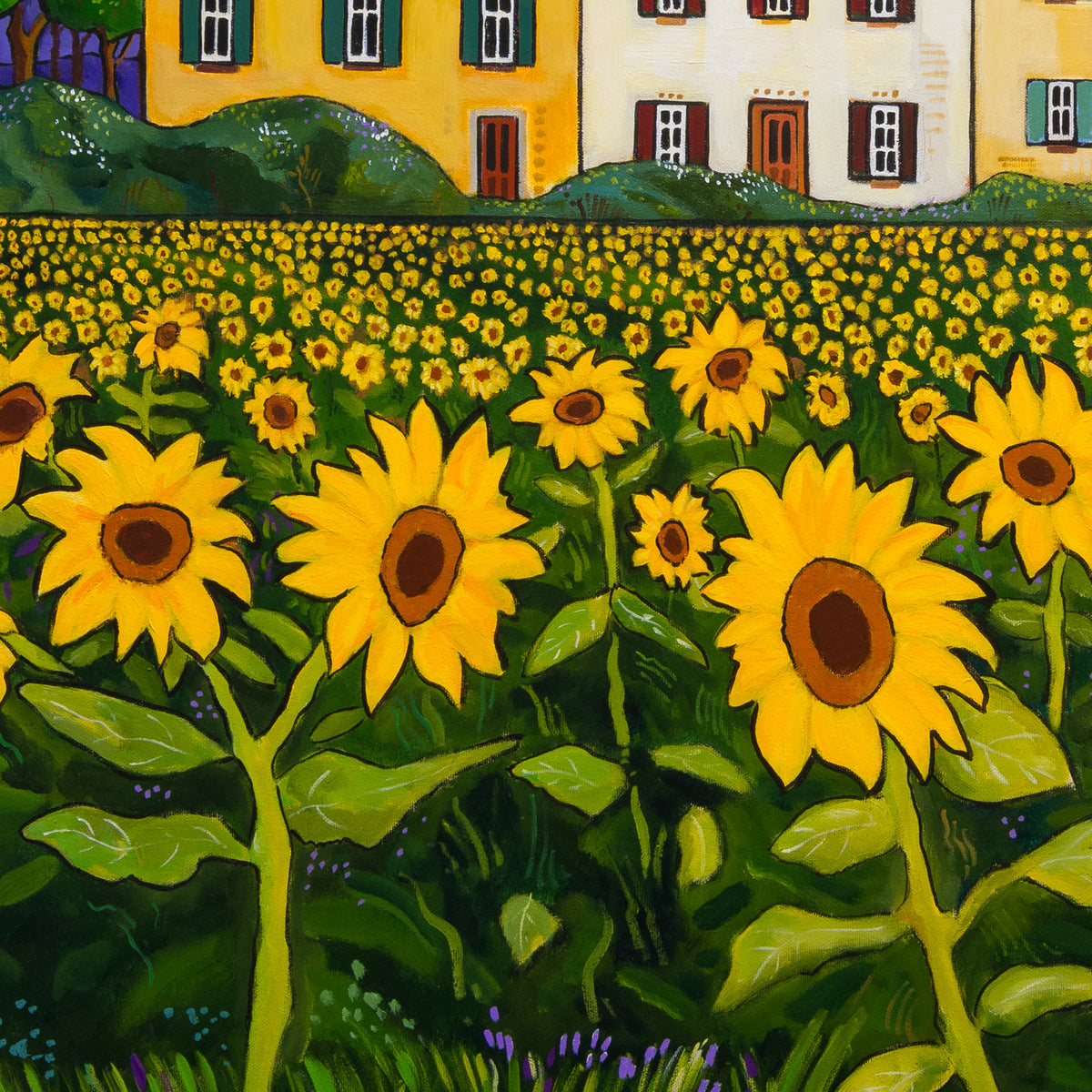 Detail of Alain Bédard’s Champs de soleil showing large yellow sunflower heads, green leaves and smaller blooms beneath the houses.