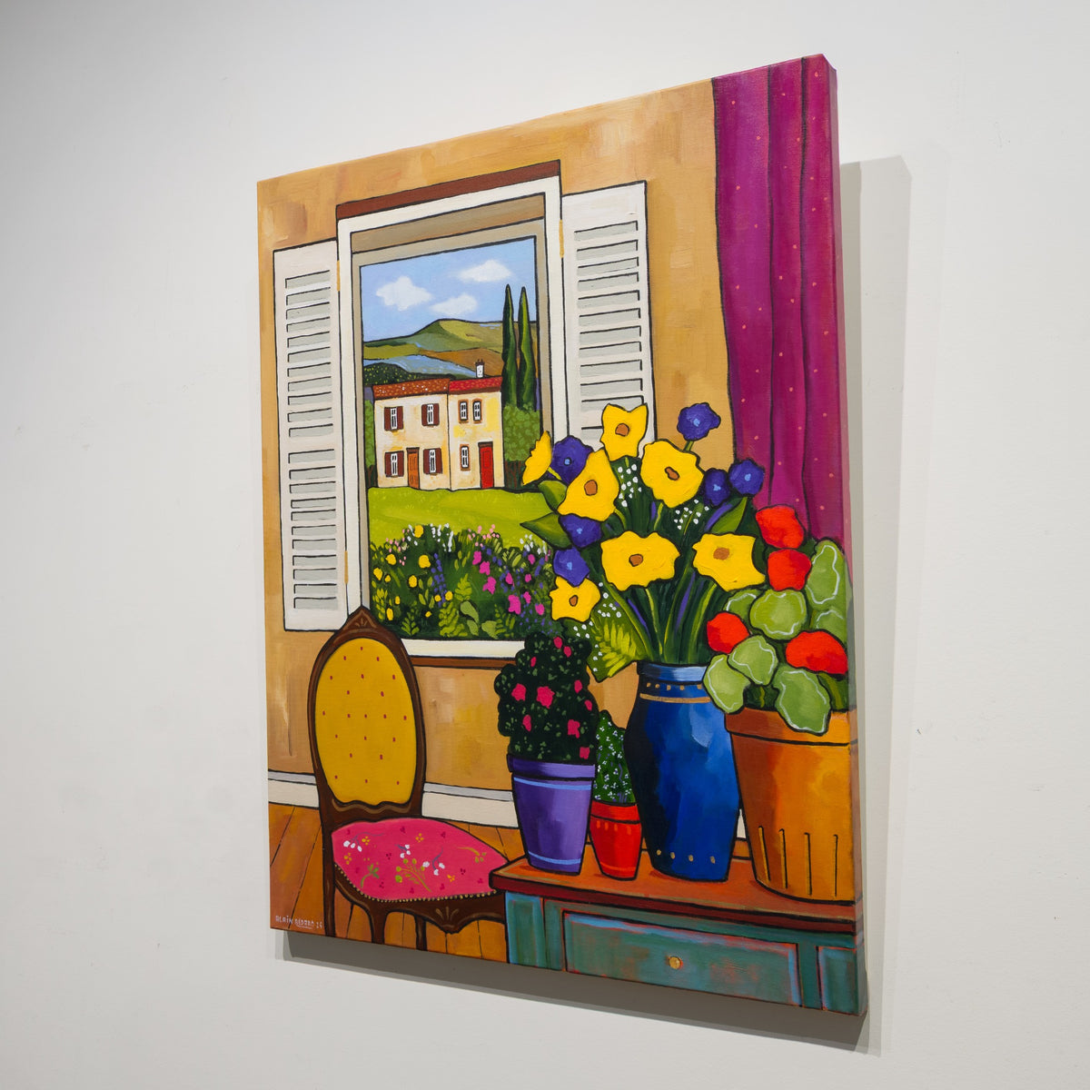 Angled gallery view of Un beau jour d’été by Alain Bédard, showing the unframed canvas in profile with the interior and open-window composition.