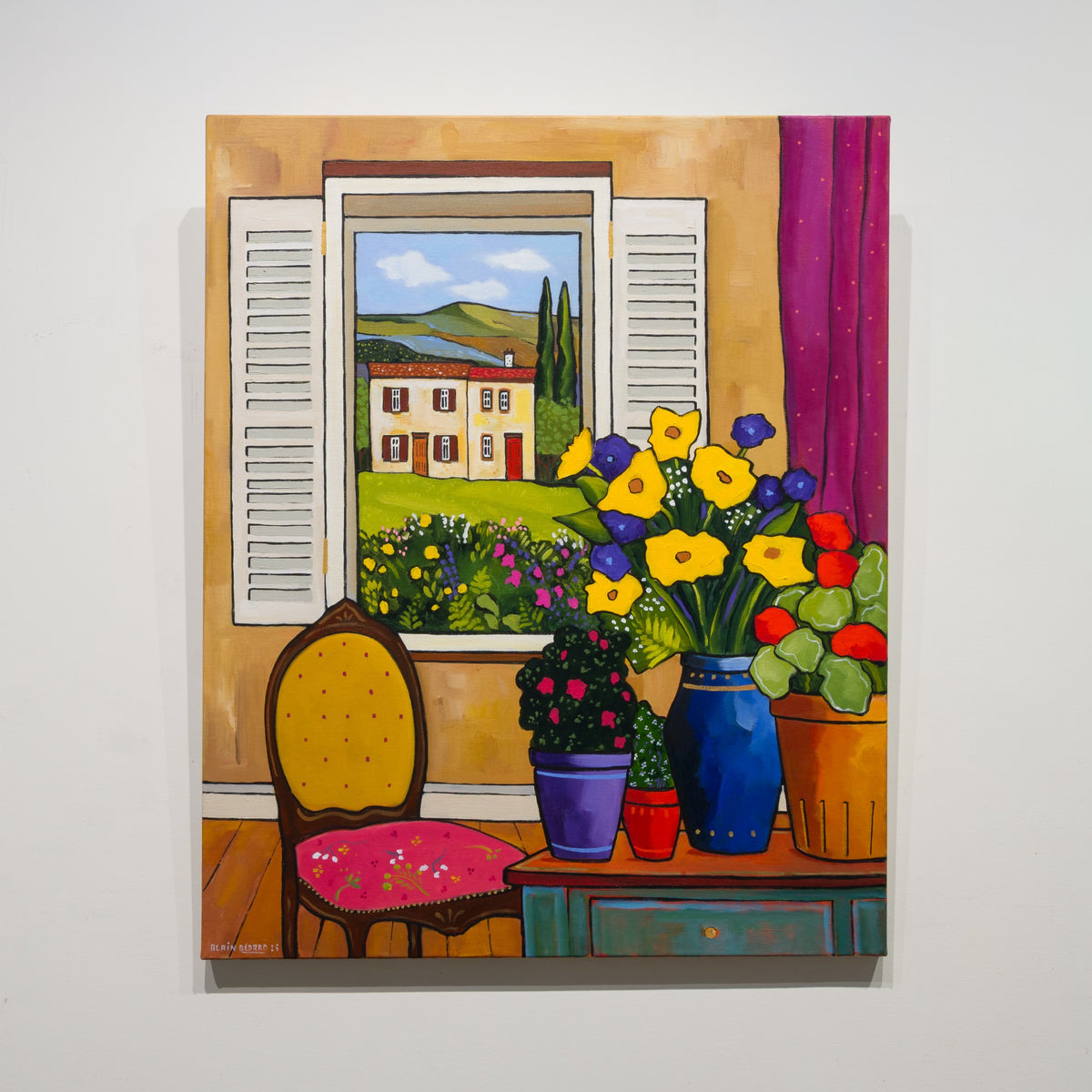 Un beau jour d’été by Alain Bédard, 30 × 24 inch acrylic on canvas showing a flower-filled interior, upholstered chair and open window onto a rural landscape.