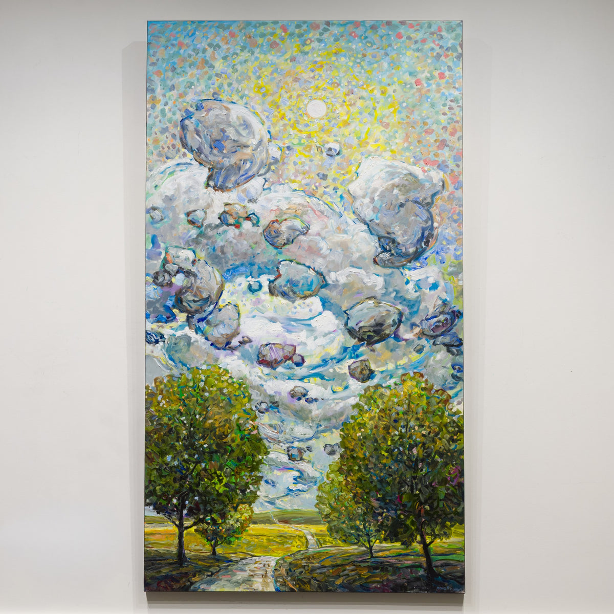 Tree Lane by Steve R. Coffey, 72 × 40 inch oil on canvas, with rounded leafy trees and a winding pale path beneath a cloud-filled sky.