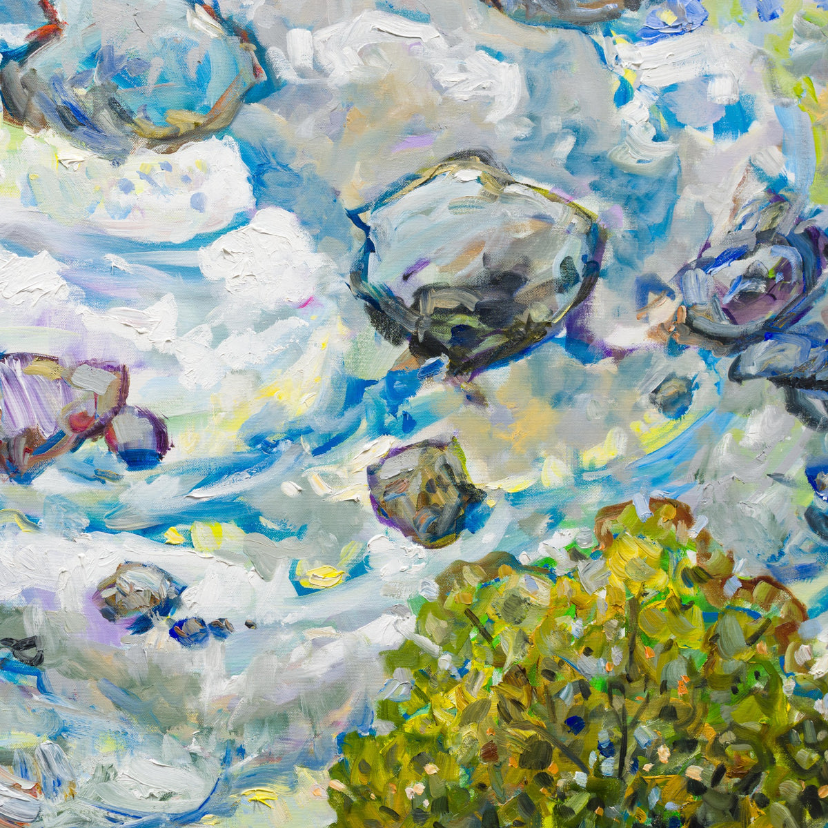 Detail of Tree Lane by Steve R. Coffey showing layered paint and curved cloud forms.