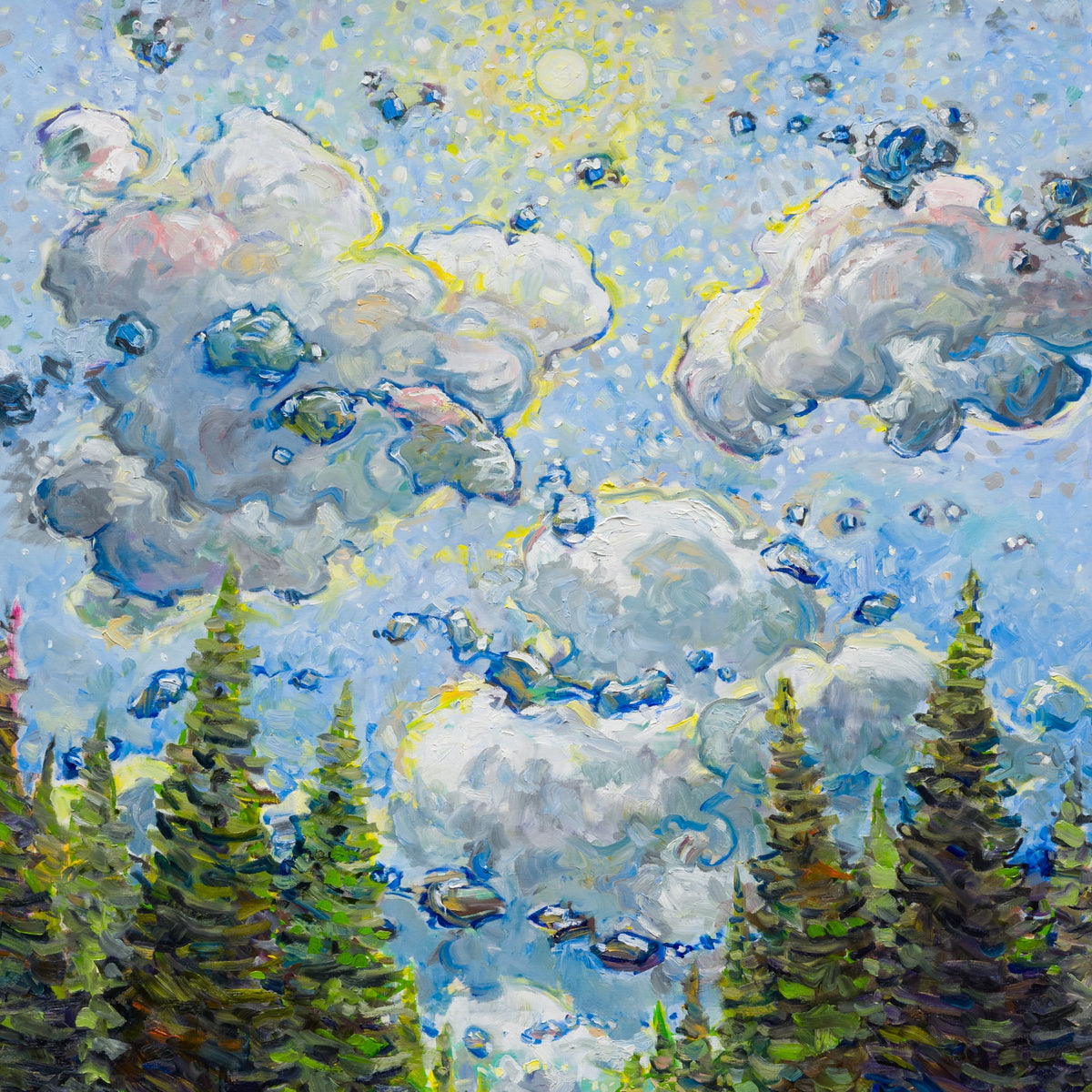Closer view of Hill Forest by Steve R. Coffey showing the forest opening and textured cloud-filled sky.