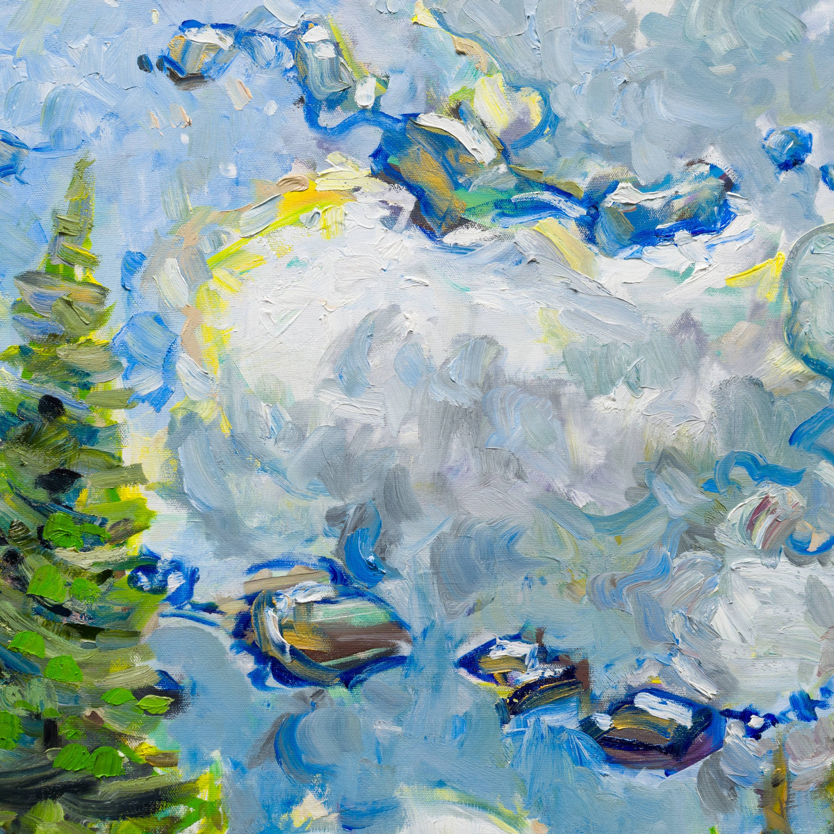 Detail of Hill Forest by Steve R. Coffey showing layered brushwork in the sky.