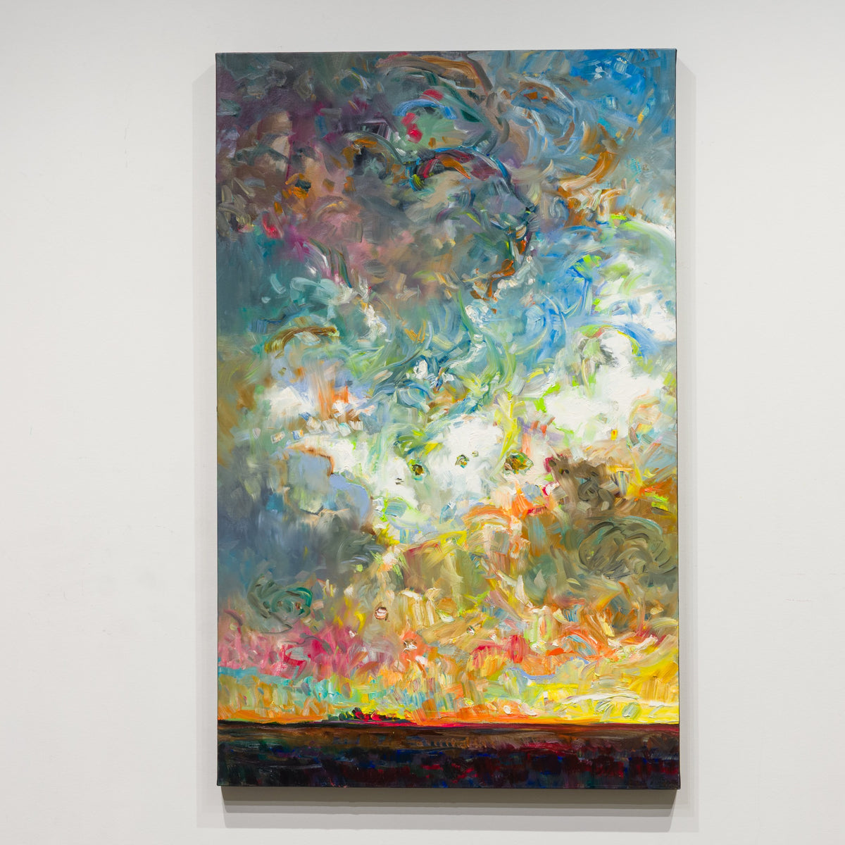 Sky Blossom by Steve R. Coffey, 48 × 30 inch oil on canvas, with swirling pastel clouds above a narrow warm-coloured horizon.