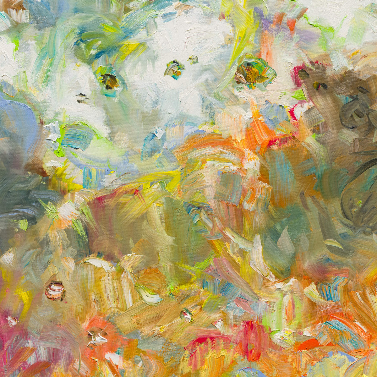 Detail of Sky Blossom by Steve R. Coffey showing overlapping curved strokes and textured paint.